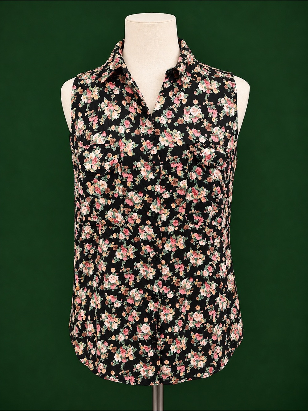 Floral Sleeveless Button-Down Shirt - Black with Pink Floral